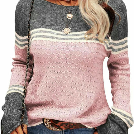 Women Colorblock Pullover Sweaters Round Neck Striped Slim Fitting Knitwear Tops
