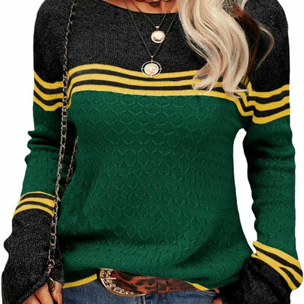 Women Colorblock Pullover Sweaters Round Neck Striped Slim Fitting Knitwear Tops