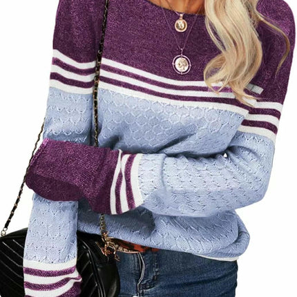Women Colorblock Pullover Sweaters Round Neck Striped Slim Fitting Knitwear Tops