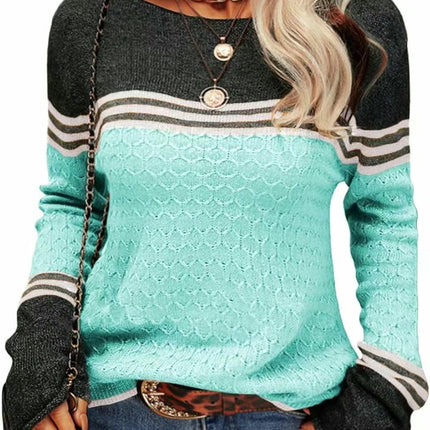 Women Colorblock Pullover Sweaters Round Neck Striped Slim Fitting Knitwear Tops