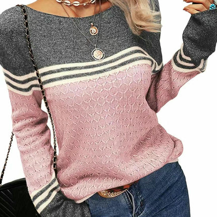 Women Colorblock Pullover Sweaters Round Neck Striped Slim Fitting Knitwear Tops