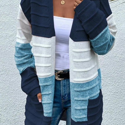 Long Cardigan Sweaters for Women Casual Open Front Knit Colorblock Outwear