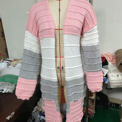 Long Cardigan Sweaters for Women Casual Open Front Knit Colorblock Outwear