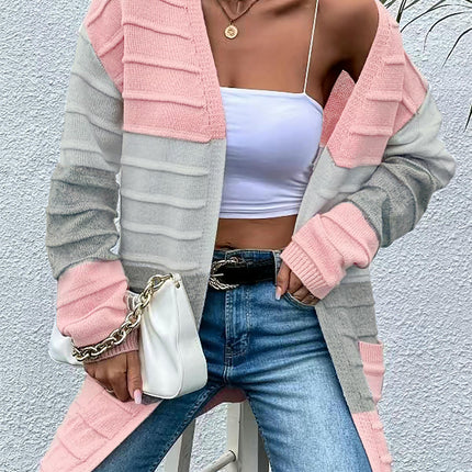 Long Cardigan Sweaters for Women Casual Open Front Knit Colorblock Outwear