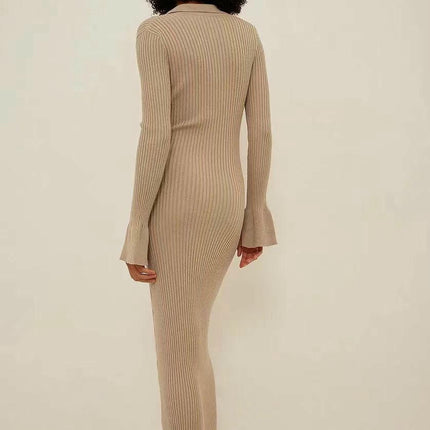 Women's Long Sleeve Sweater Dress V Neck Casual Slim Fit Knit Maxi Dresses