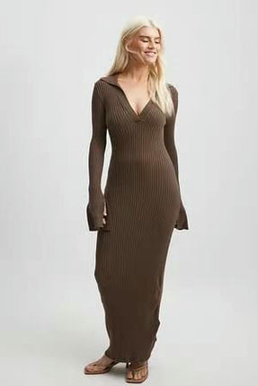 Women's Long Sleeve Sweater Dress V Neck Casual Slim Fit Knit Maxi Dresses