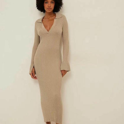 Women's Long Sleeve Sweater Dress V Neck Casual Slim Fit Knit Maxi Dresses