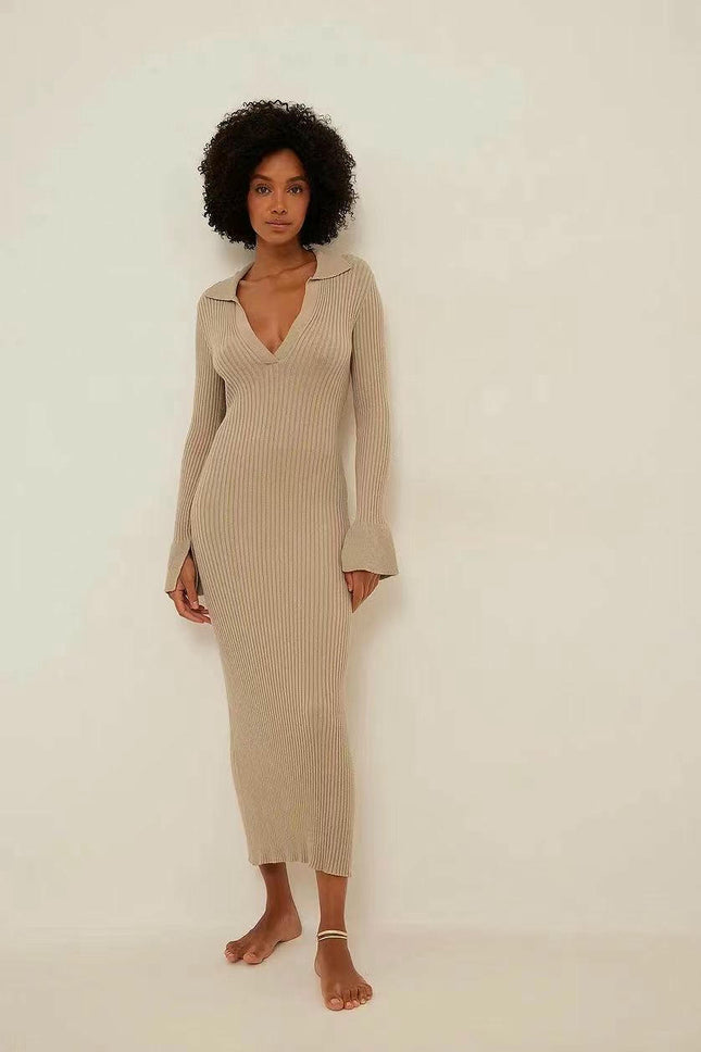 Women's Long Sleeve Sweater Dress V Neck Casual Slim Fit Knit Maxi Dresses