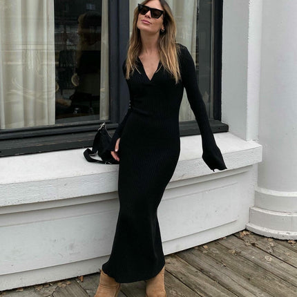 Women's Long Sleeve Sweater Dress V Neck Casual Slim Fit Knit Maxi Dresses