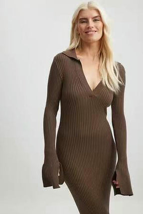 Women's Long Sleeve Sweater Dress V Neck Casual Slim Fit Knit Maxi Dresses
