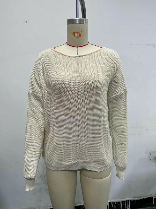Open Back Sweater for Women, Criss Cross Boat Neck Long Sleeve Crop Sweater