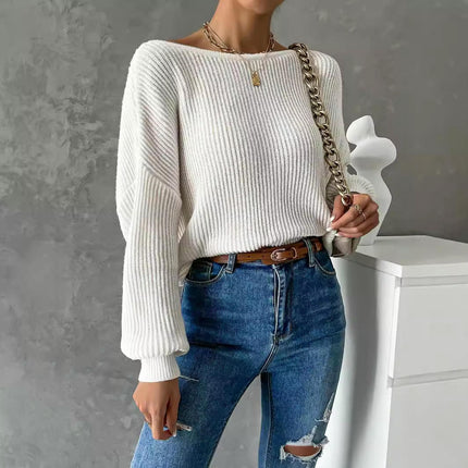 Open Back Sweater for Women, Criss Cross Boat Neck Long Sleeve Crop Sweater