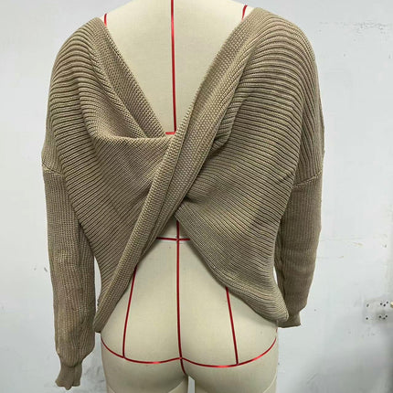 Open Back Sweater for Women, Criss Cross Boat Neck Long Sleeve Crop Sweater