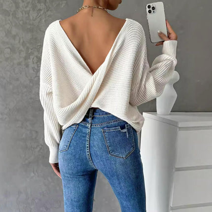 Open Back Sweater for Women, Criss Cross Boat Neck Long Sleeve Crop Sweater