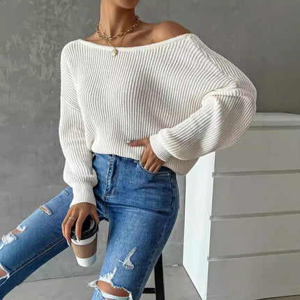 Open Back Sweater for Women, Criss Cross Boat Neck Long Sleeve Crop Sweater