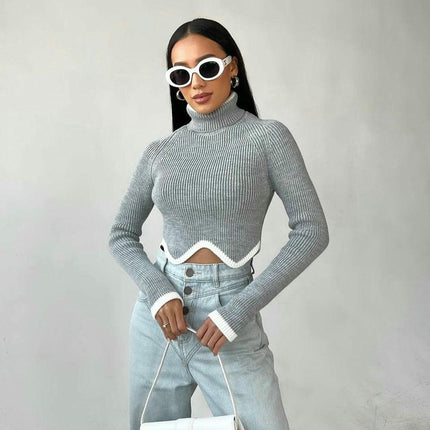 Women's High Collar Long Sleeve Irregular Hem Slim Fit Short Knitted Sweater