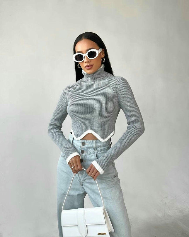Women's High Collar Long Sleeve Irregular Hem Slim Fit Short Knitted Sweater