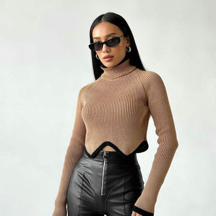 Women's High Collar Long Sleeve Irregular Hem Slim Fit Short Knitted Sweater