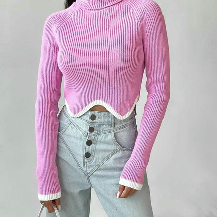 Women's High Collar Long Sleeve Irregular Hem Slim Fit Short Knitted Sweater