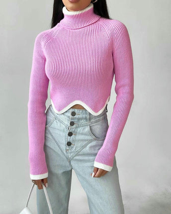 Women's High Collar Long Sleeve Irregular Hem Slim Fit Short Knitted Sweater