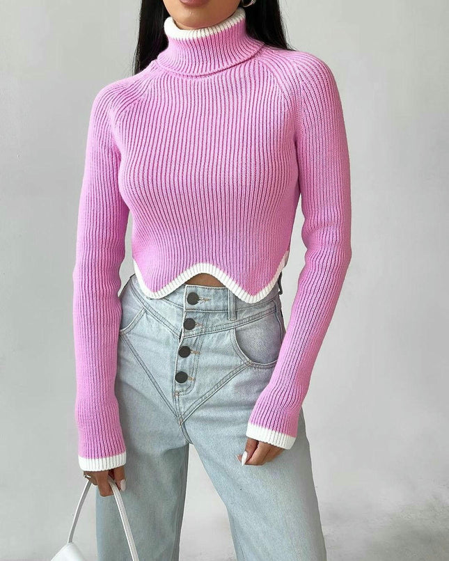 Women's High Collar Long Sleeve Irregular Hem Slim Fit Short Knitted Sweater