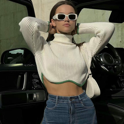 Women's High Collar Long Sleeve Irregular Hem Slim Fit Short Knitted Sweater