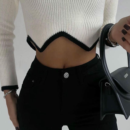 Women's High Collar Long Sleeve Irregular Hem Slim Fit Short Knitted Sweater