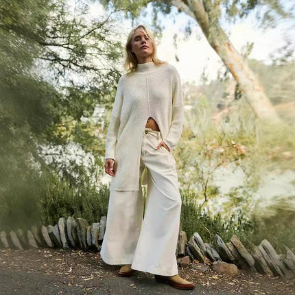 Women Turtleneck Pullover Sweaters Ribbed Knit Front Slit Mid Length Tunic Dress