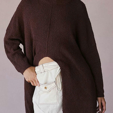 Women Turtleneck Pullover Sweaters Ribbed Knit Front Slit Mid Length Tunic Dress