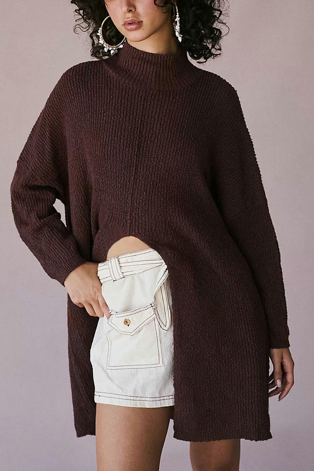 Women Turtleneck Pullover Sweaters Ribbed Knit Front Slit Mid Length Tunic Dress