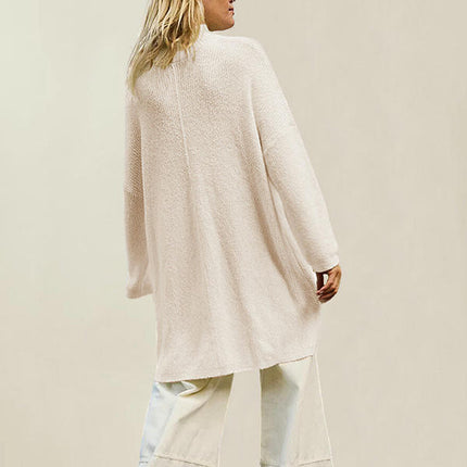 Women Turtleneck Pullover Sweaters Ribbed Knit Front Slit Mid Length Tunic Dress