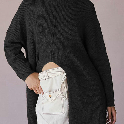 Women Turtleneck Pullover Sweaters Ribbed Knit Front Slit Mid Length Tunic Dress
