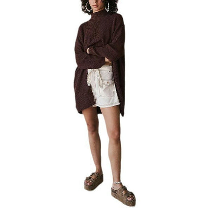 Women Turtleneck Pullover Sweaters Ribbed Knit Front Slit Mid Length Tunic Dress