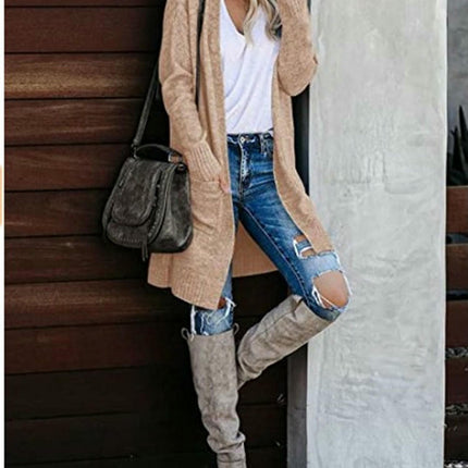 Autumn Women's Knitted Pocket Cardigan Long Sleeve Casual Knit Sweater Jacket