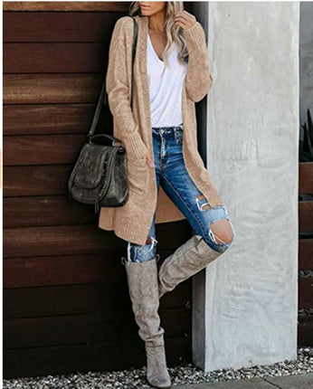 Autumn Women's Knitted Pocket Cardigan Long Sleeve Casual Knit Sweater Jacket