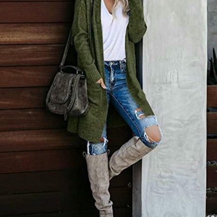 Autumn Women's Knitted Pocket Cardigan Long Sleeve Casual Knit Sweater Jacket
