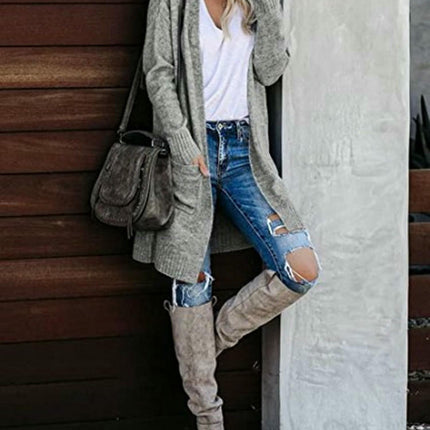 Autumn Women's Knitted Pocket Cardigan Long Sleeve Casual Knit Sweater Jacket