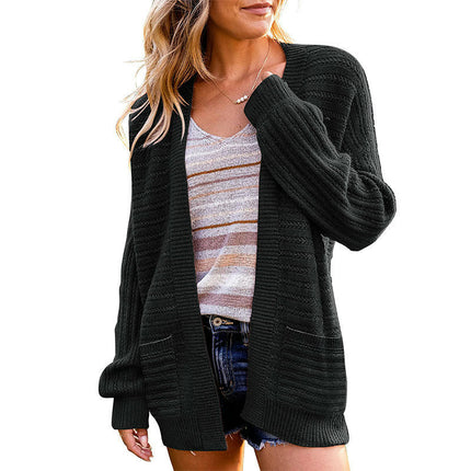 Women's Long Sleeve Midi Hollow Knit Cardigan with Pockets