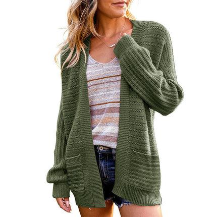 Women's Long Sleeve Midi Hollow Knit Cardigan with Pockets