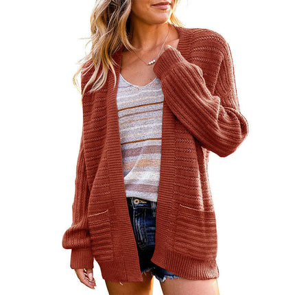 Women's Long Sleeve Midi Hollow Knit Cardigan with Pockets