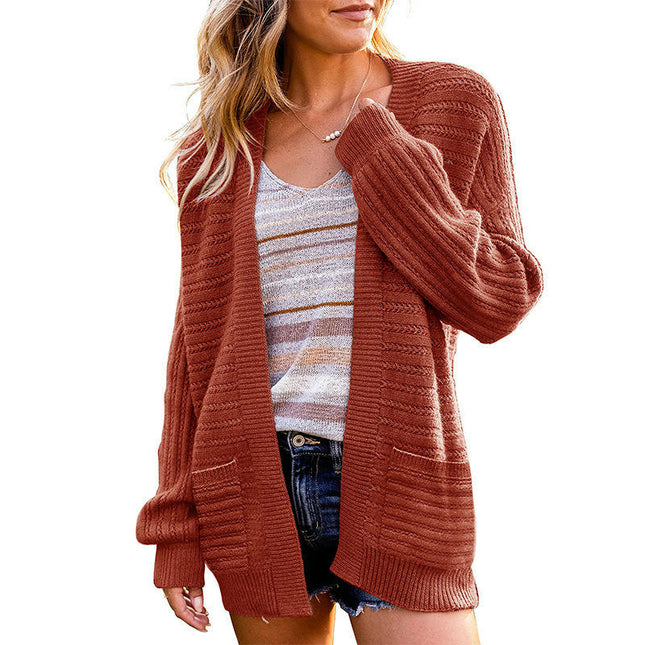 Women's Long Sleeve Midi Hollow Knit Cardigan with Pockets