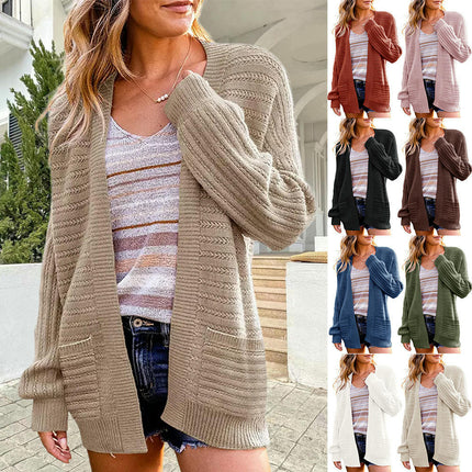 Women's Long Sleeve Midi Hollow Knit Cardigan with Pockets
