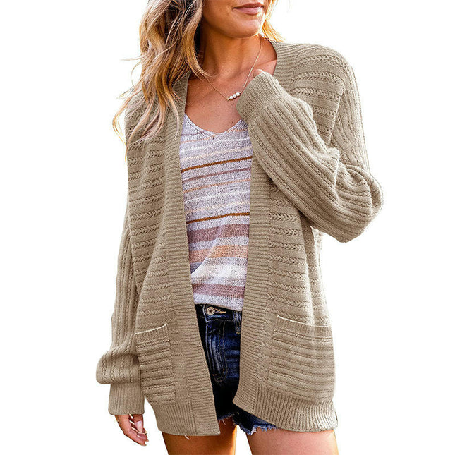 Women's Long Sleeve Midi Hollow Knit Cardigan with Pockets