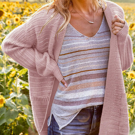 Women's Long Sleeve Midi Hollow Knit Cardigan with Pockets