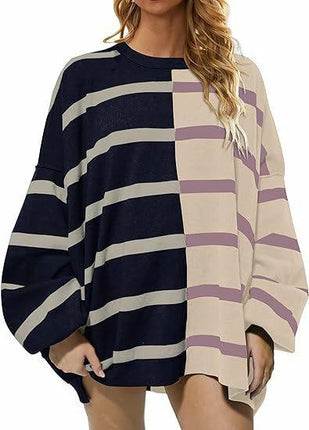 Womens Striped Pullover Sweater Crew Neck Long Sleeve Knitted Color Block Sweaters