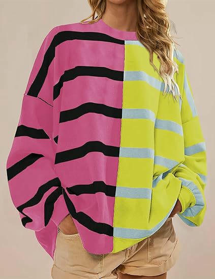 Womens Striped Pullover Sweater Crew Neck Long Sleeve Knitted Color Block Sweaters
