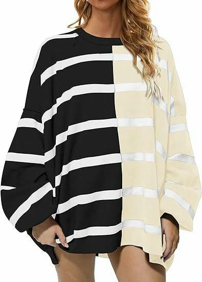 Womens Striped Pullover Sweater Crew Neck Long Sleeve Knitted Color Block Sweaters
