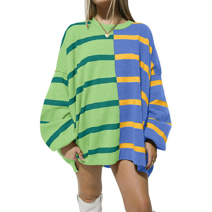 Womens Striped Pullover Sweater Crew Neck Long Sleeve Knitted Color Block Sweaters