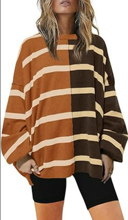 Womens Striped Pullover Sweater Crew Neck Long Sleeve Knitted Color Block Sweaters