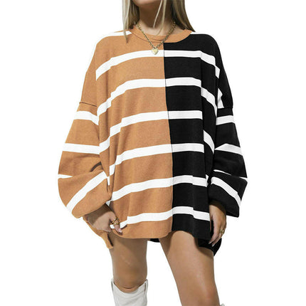 Womens Striped Pullover Sweater Crew Neck Long Sleeve Knitted Color Block Sweaters